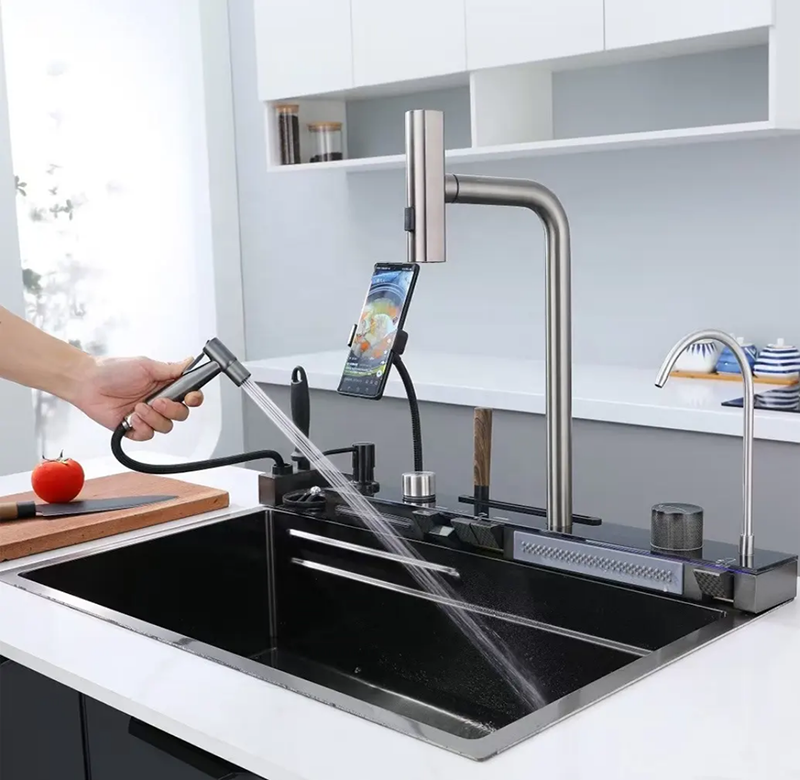 Multifunctional Sink with Waterfall Faucet